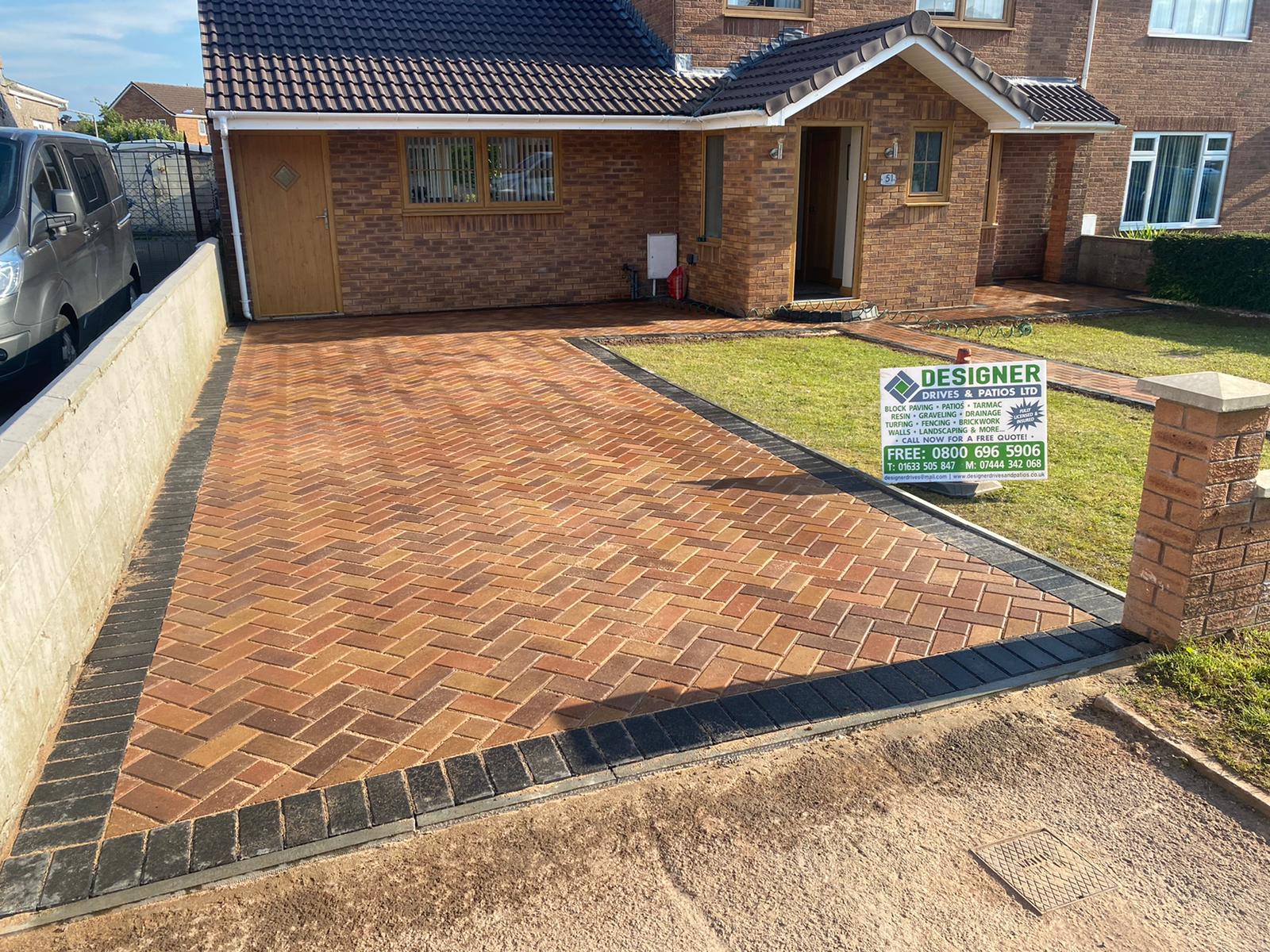 Brindle herringbone block driveway at a brick bungalow in Cardiff